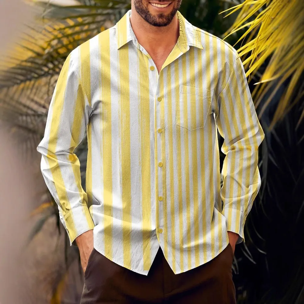 Hawaiian Button Up Shirts Seafoam Striped Printed Full Sleeve Streetwear Casual Men Vacay Beach Parties Travel Poolside Shirt