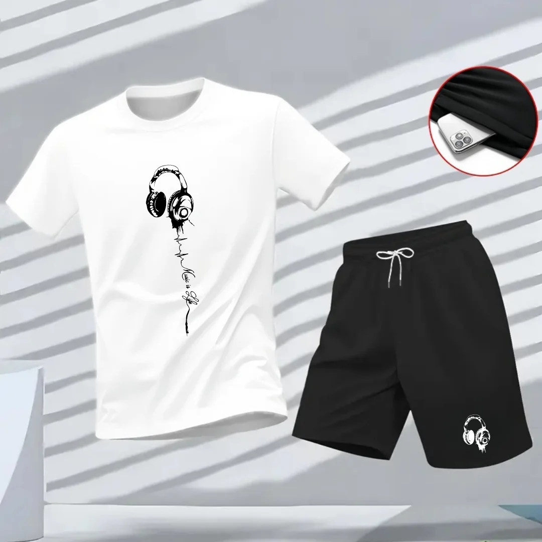 Men's summer letter-printed men's headphones, breathable and comfortable round-neck T-shirt, outdoor sportswear and casual top t