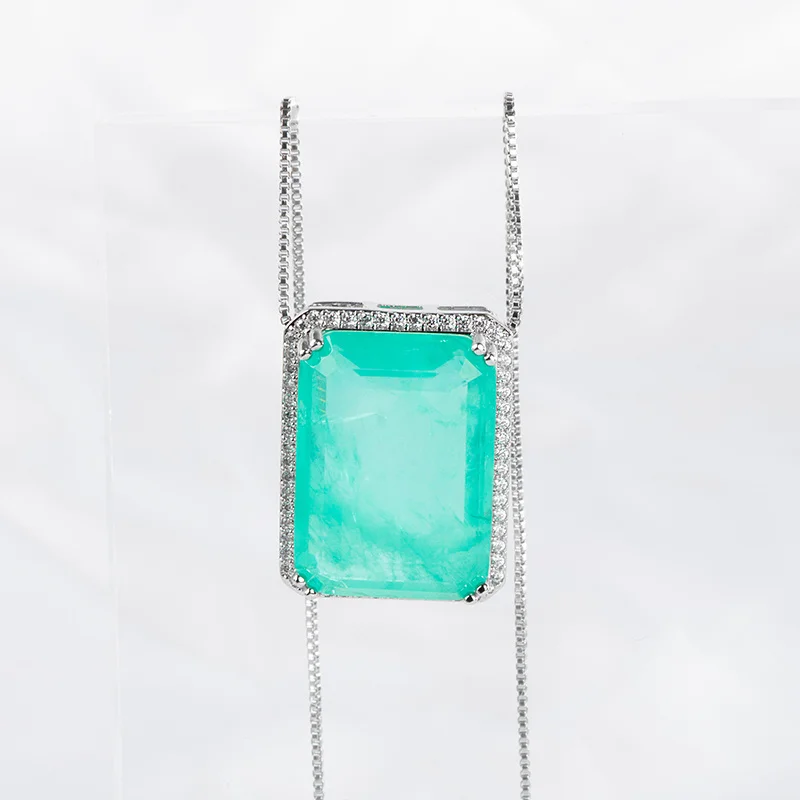 Cellacity Luxury Paraiba Silver 925 Jewelry Set Rectangular 20*28mm Large Pendant Necklace 9*12mm Stud Earrings Wedding Gift