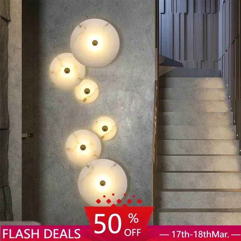 

Natural Marble LED Wall Lamp Round Shape Gold Metal Free Collocation Lighting For Living Room Bedroom Aisle Tv Background Sconce