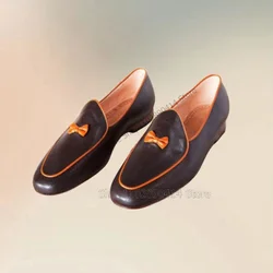 Orange Bow Knot Decor Brown Leather Penny Loafers Fashion Slip On Men Shoes Luxury Handmade Party Feast Office Men Dress Shoes
