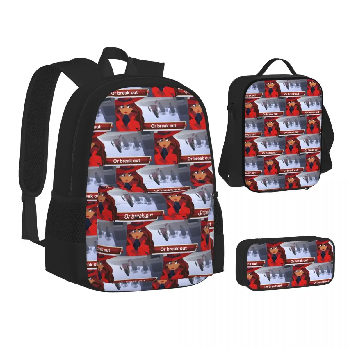 Mochilas de la serie animada Carmen Sandiego, mochila para estudiantes, bolsas escolares, mochila para niños, bolsa para el almuerzo, bolsa para bolígrafos, conjunto de tres piezas