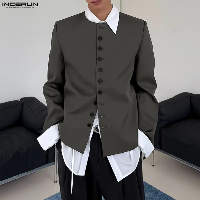 

INCERUN Men Blazer Solid Color O-neck Long Sleeve Button Casual Male Suit Streetwear 2026 Spring Fashion Leisure Thin Coats Men