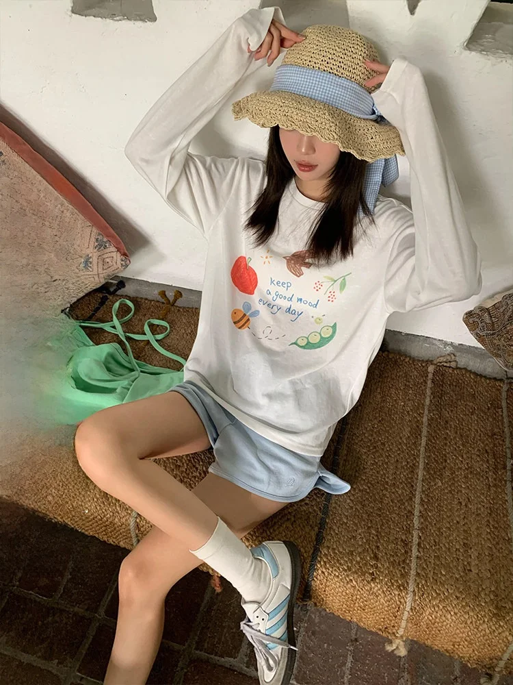 

Long Sve Textured Print UV Protection T-irt Women Loose Casual Sle Top Suede Feel Breathable Comfortable Autumn Wear