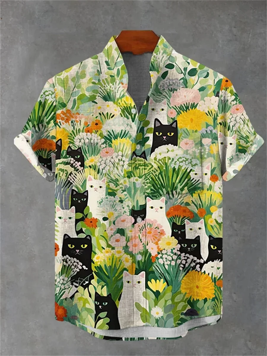 2025 New Casual Men's Shirt Cat Pattern Summer Oversized Short Sleeve Top Harajuku Street Linen Stand Collar Shirt