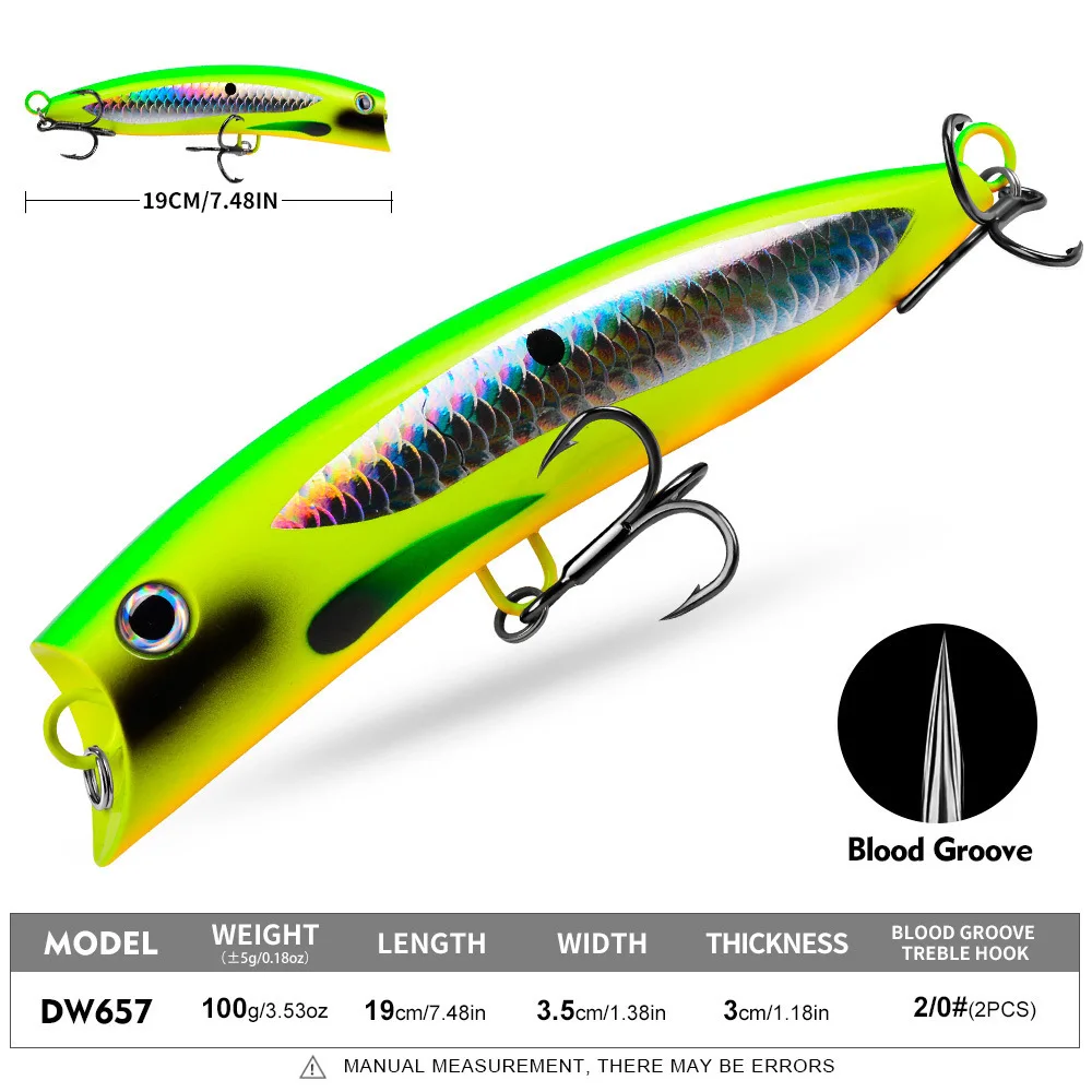 LHFSH Popper Fishing Lure 100g Topwater Floating Surface Fish Bait With Treble Hooks Wobbler Big Mouth Saltwater Sea Hard Baits