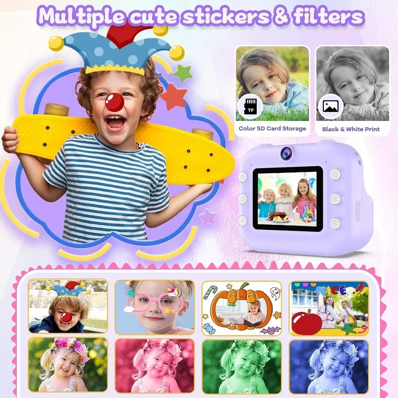 Camera Instant Print 48MP Kids Selfie Digitale Camera, 1080P HD Kindervideorecorder, 2,4 "peutercamera met printpapier