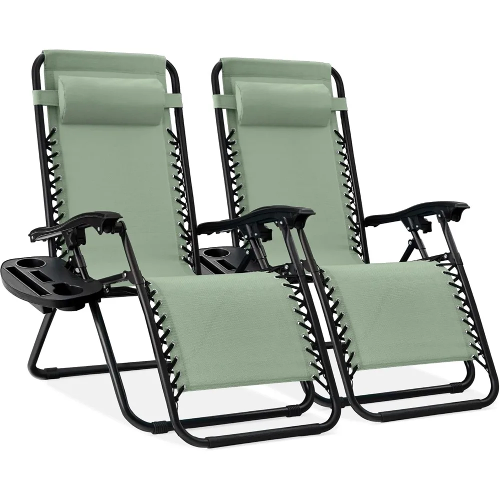 

Set of 2 Adjustable Steel Mesh Zero Gravity Lounge Chair Recliners w/Pillows and Cup Holder Trays - Sage Green