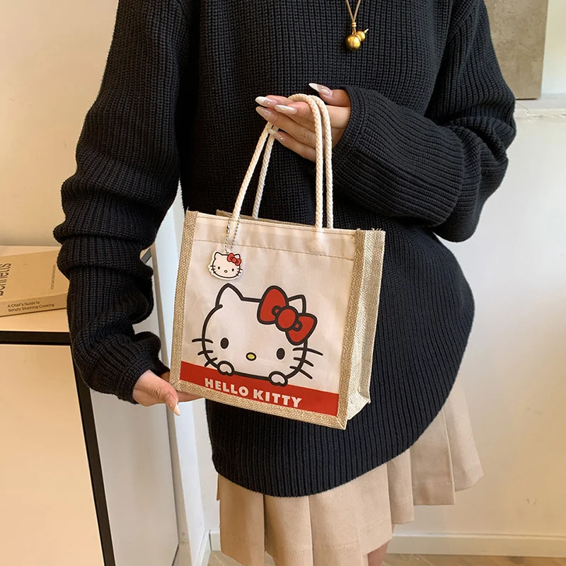 New Sanrio cute cartoon linen bag female Hello Kitty fashion going out handbag sweet cute girl travel essential handbag