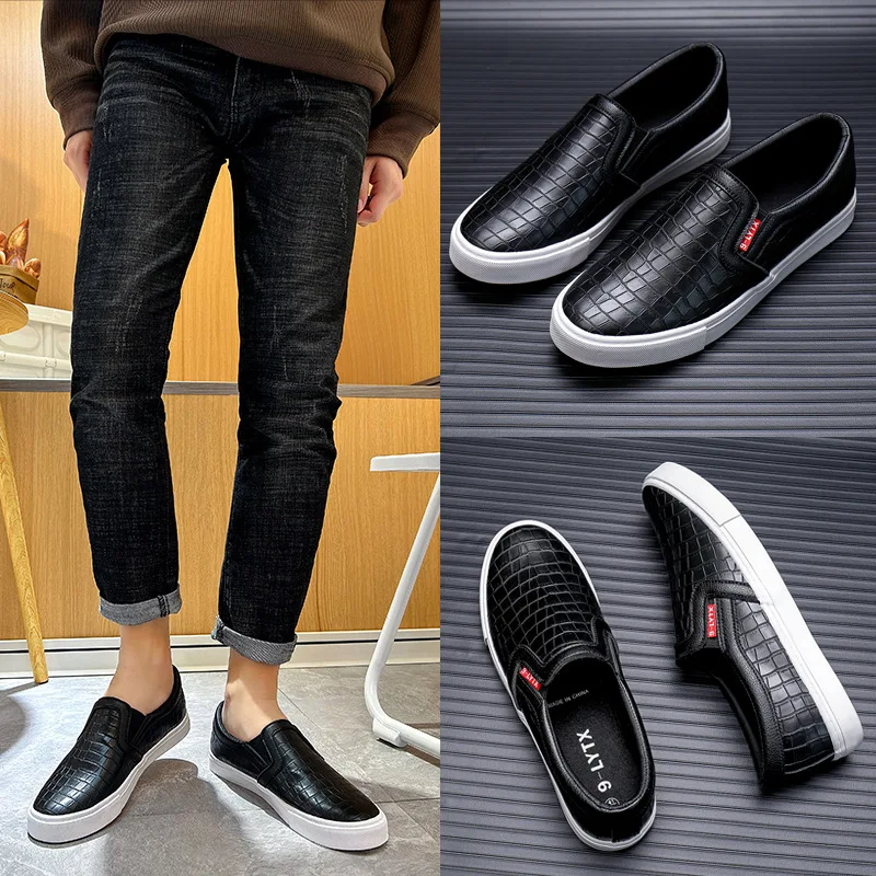 Mens White Slip-On Skate Shoes Elastic Work-Style Casual Sneakers Lace-Free Student/Street Non-Slip Comfort Footwear Chunky Sole