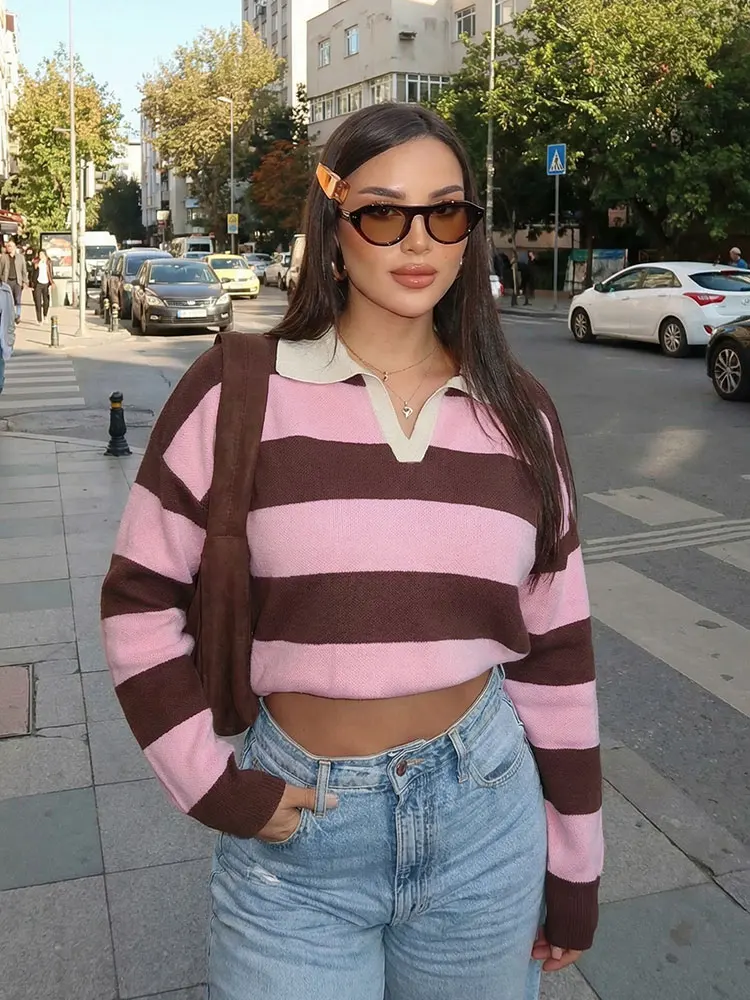 HH Women Casual Striped Sweater Knit Tops Polo Neck Loose Long Sleeve Sweater Pullover Spring Y2K Vintage Fashion Streetwear