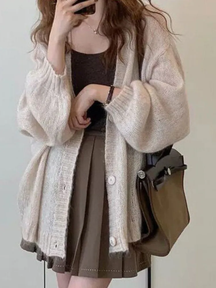 Elegant Knitted Cardigan Women Casual V-Neck Soft Long Sleeve Korean Sweet Knitted Sweater Office Lady Coat Cardigans New