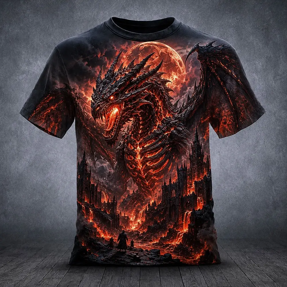 Men Fantasy Dragon 3D Print Short Sleeve T‑Shirt Dark Castle Blood Moon Magical Wizard Graphic O‑Neck Casual Gothic Halloween