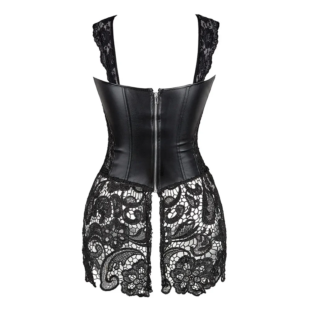 Women\'s Steampunk Gothic Overbust Corset Dress Lace Up Zipper Back Punk Faux Leather Bustier Lingerie Plus Size