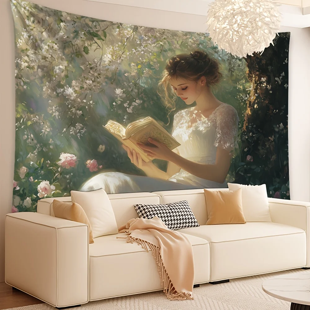 Romantic Floral Garden Tapestry Wall Mural Cottagecore Woman Reading Spring Boho Bohemian Home Decor Art