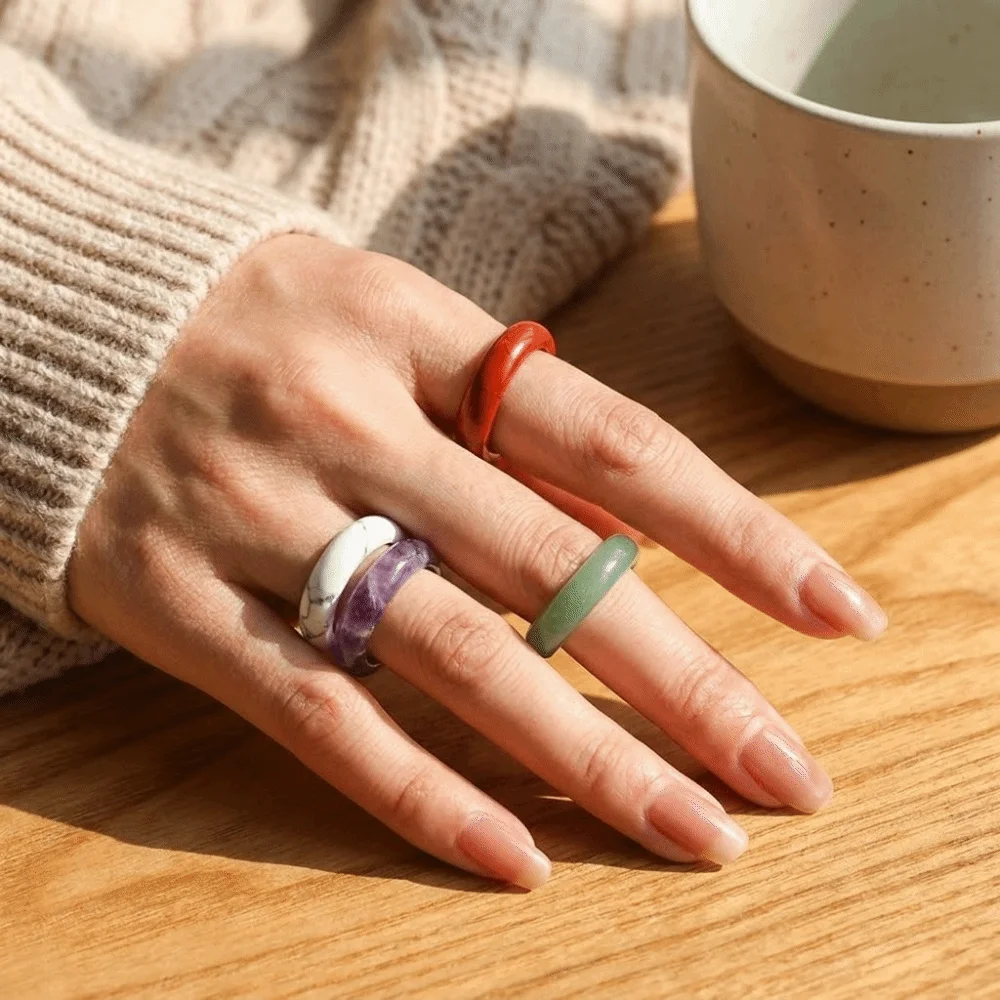Daily Elegant Crystal Stone Band Rings Natural Crystal Solid Design Minimalist Ring All-match Obsidian Stone Jewelry Gift