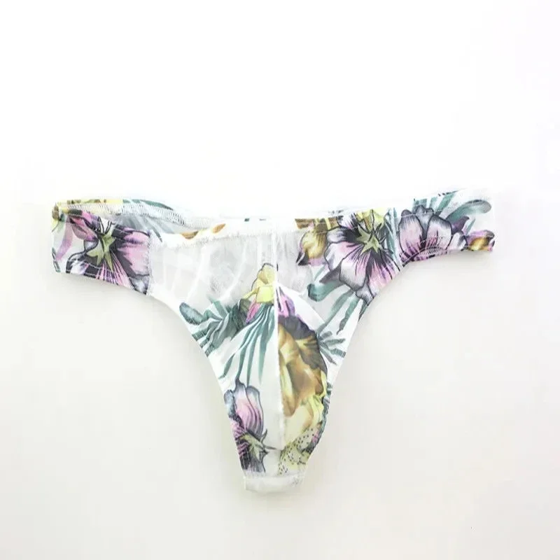 Man's Floral Low Waist Sexy Slit FIT T-Briefs T Back Man G String Briefs Transparent Underpants Breathable Thong BF Gift