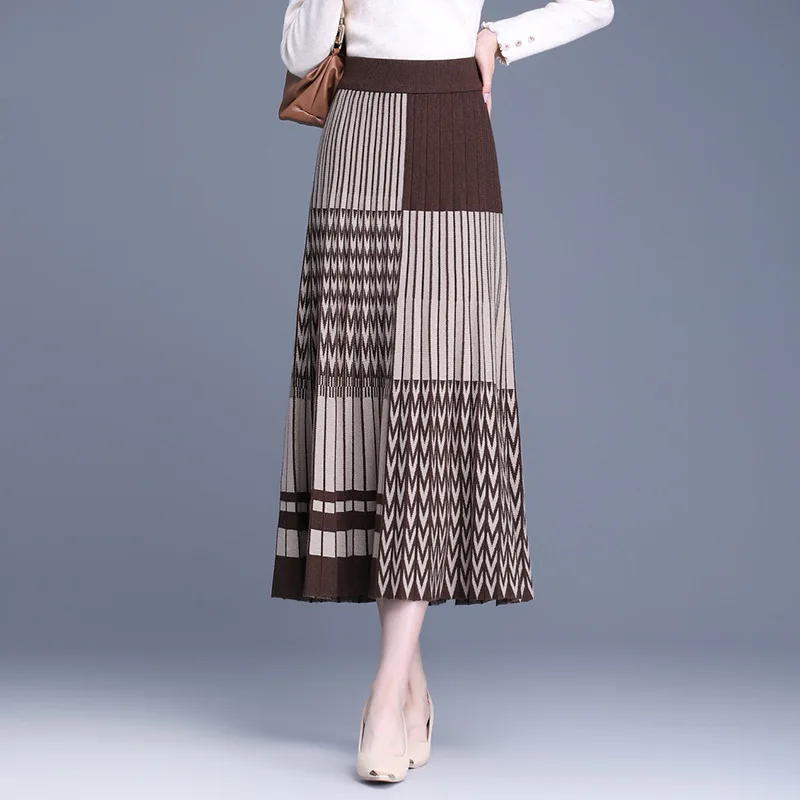 

Winter Cashere Striped Contrast Color Gradient A-line Long Knitted Skirt Diamond Plaid Thickened Pleated Calf Knit Skirt