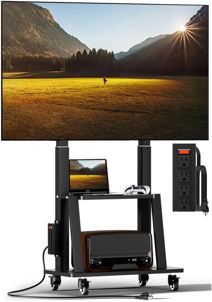 حامل تلفزيون دوار قابل لضبط الارتفاع مع مخرج طاقة، يناسب تلفزيونات 32-83 بوصة حتى 130 رطل، VESA 600 × 400 مم