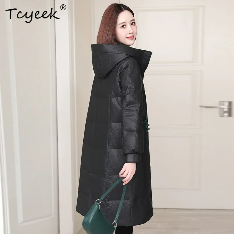 Tcyeek 리얼 양가죽 가을 겨울 트렌디 후드 블랙 롱 여성용 천연 가죽 재킷 여성용 진짜 가죽 재킷