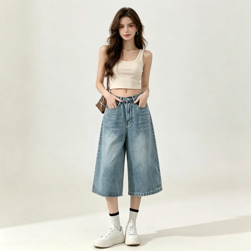 

Jeans Wide Leg Pants Women High Waist Calf Length Trousers Vintage Washed Female Denims Summer Distressed Streetwear 2026
