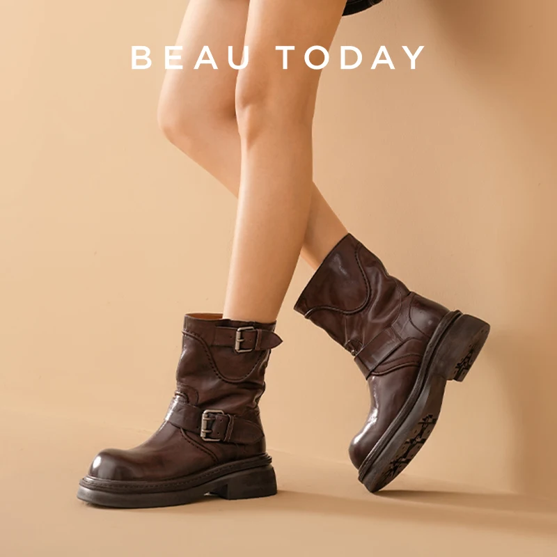 BEAUTODAY Ankle Boots Women Cow Leather Waxing Round Toe Double Buckle Strap Platform Slip-on Ladies Shoes Handmade 03A00