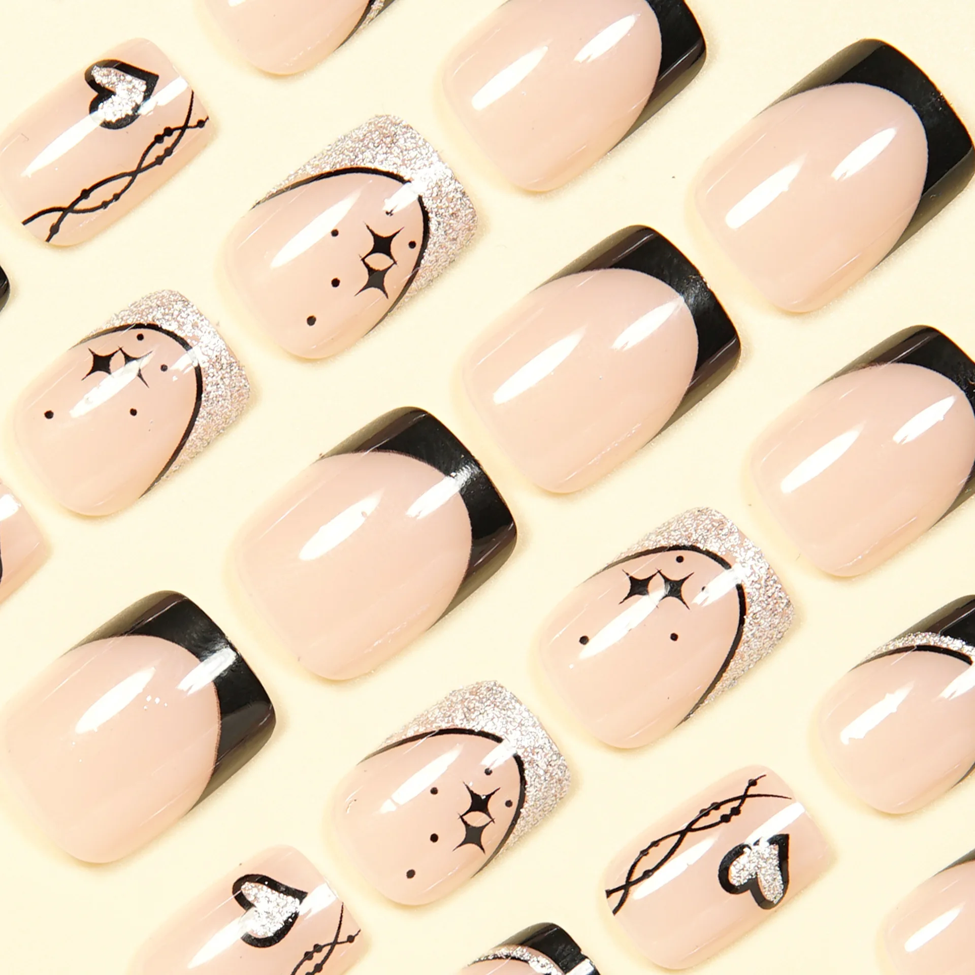 Short Square fake nails for women girls cute heart star design for Valentine's Day silver glitter french nail tips press on nail