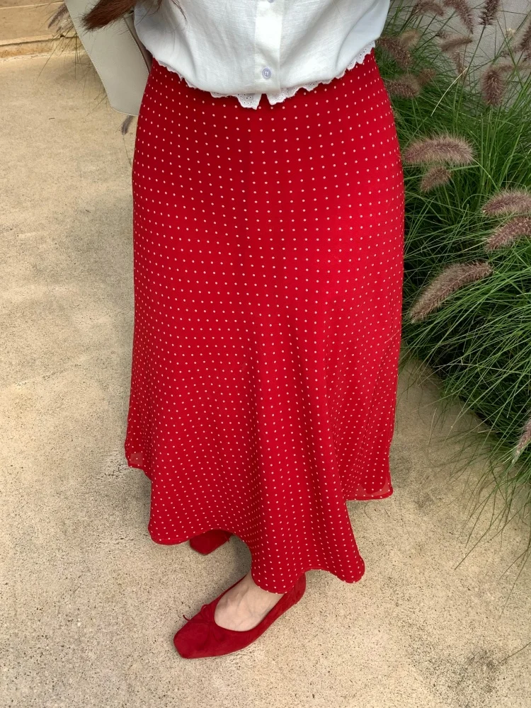 

Retro Polka Dot Mesh Skirt Women's Fluffy Half-length Casual High-waist Polyester Bohemian Style Breathable Skin-friendly