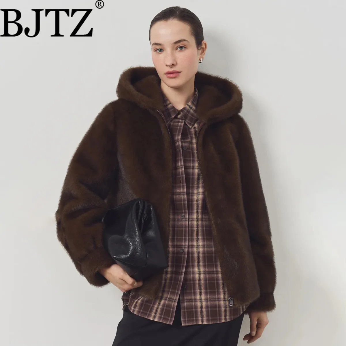 

BJTZ Winter 2025 Faux Fur Hooded Zip Jacket And Wide Leg Celebrity Style Thick Comfortable Elegant Luxury Simple Casual