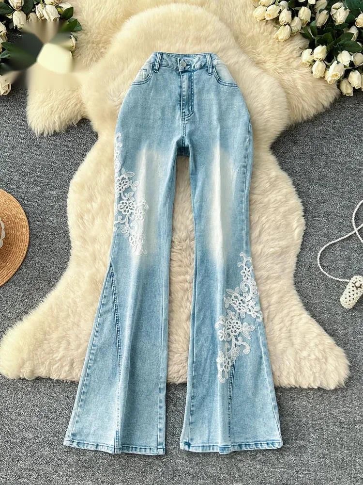 

Embroidery Appliques Casual Jeans High Waist Slim Pocket Design Ladies Clean Girl Distressed Holiday Denim Flare Pants