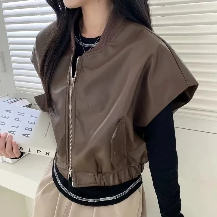 

Chic Summer Spliced Knitted Ne Double Zipper PU Leather Loose Versatile Svel Vest Jaet for Women Commute Sle Regu...