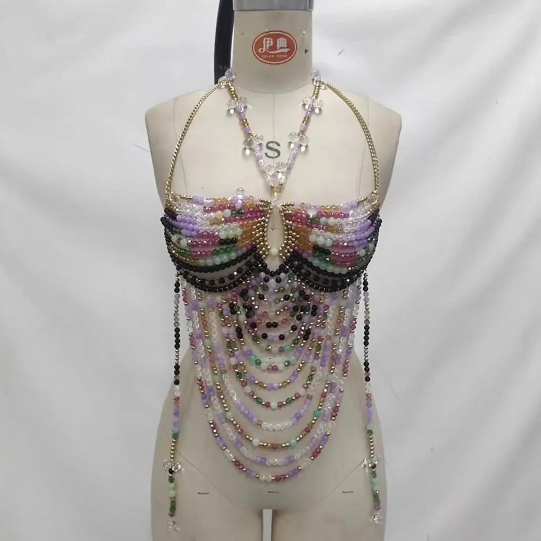 

Красочный топ ручной работы с цепочкой и вырезом в европейском и американском стиле для женщин, уникальный сексуальный многослойный наряд для вечеринки и дня рождения