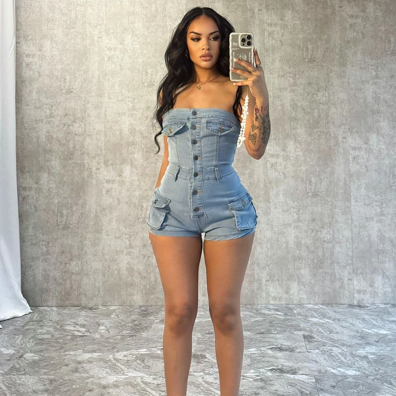 

Сексуальный джинсовый комбинезон без бретелек, женский комбинезон, джинсы, однобортные карманы, вечерние клубные цельные комбинезоны, короткие комбинезоны