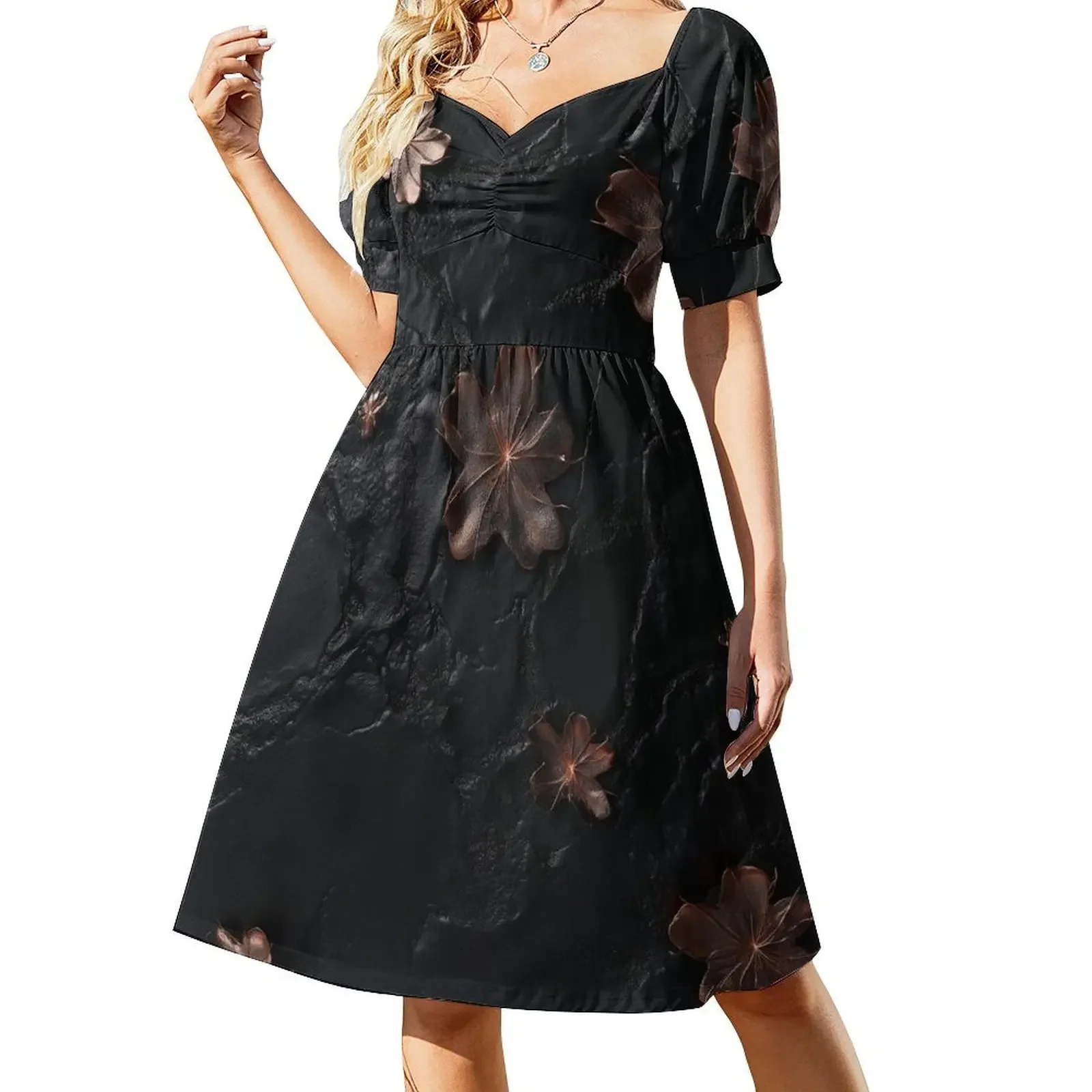 

Black leather texture and peach fuzz flowers Sleeveless Dress clothing women summer 2025 dresses with long sleeves Dress