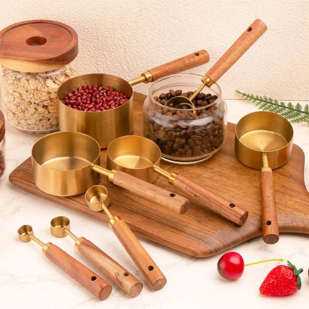 Durable Kitchen Measuring Kit Stainless Steel Wooden Handle Baking Accessory Accurate Scale For Dry And Wet Ingredients Supplies