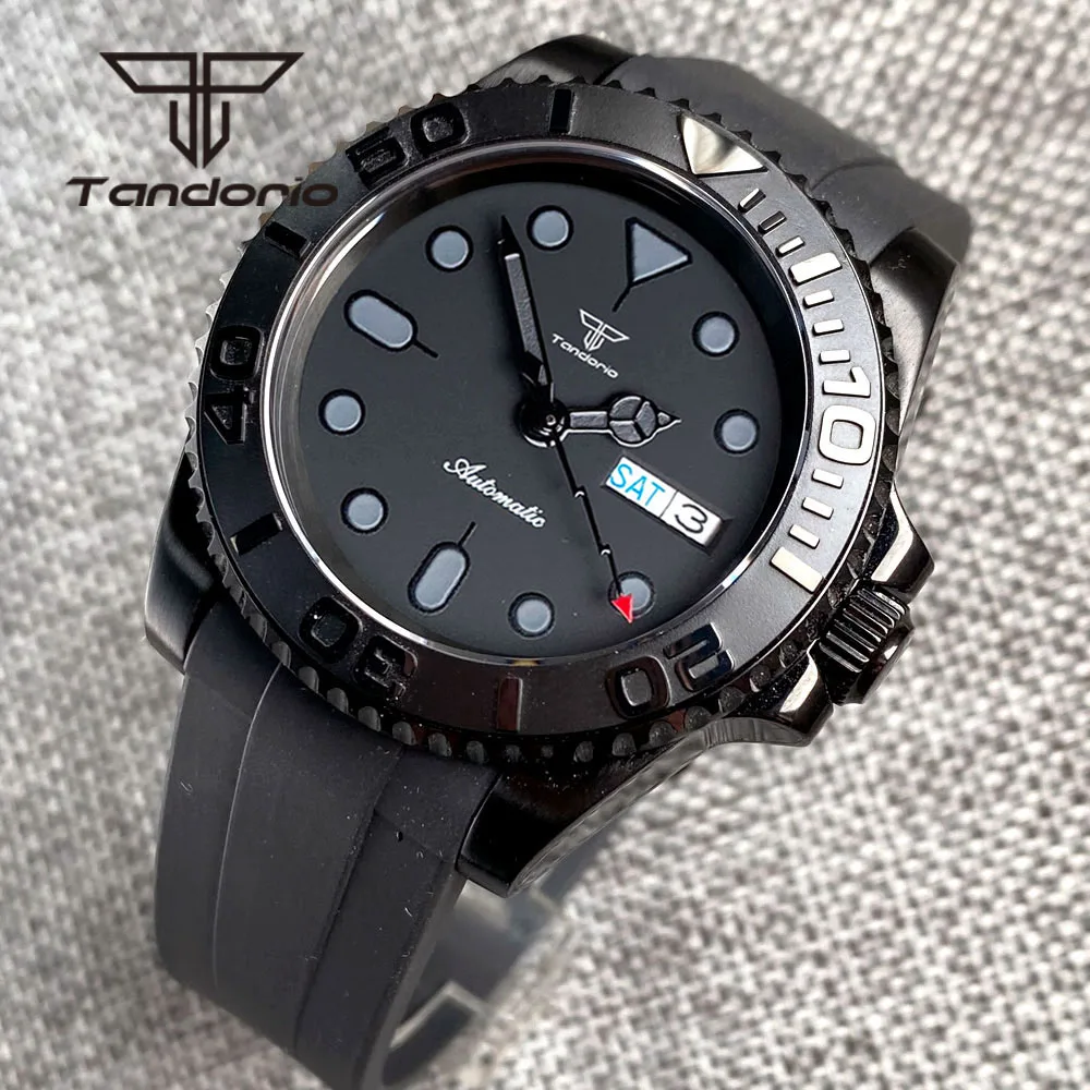 Tandorio 40mm Black Pvd Automatic NH36 Watch for Men Week Date Display Rotating Bezel Sapphire Glass Flash Second Pointer Rubber