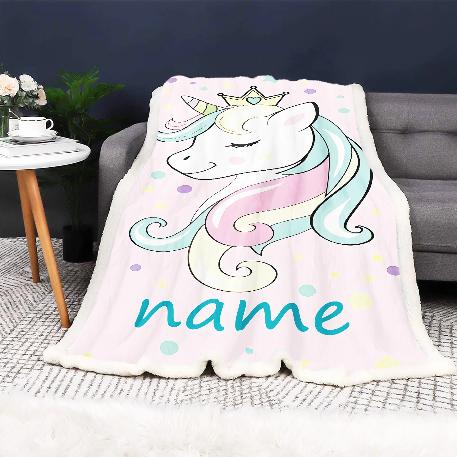 DIY Unicorn Custom Blanket Pink Personalized Name Pattern Cute Flannel Sofa Blankets Flannel Soft and Skin-friendly Baby