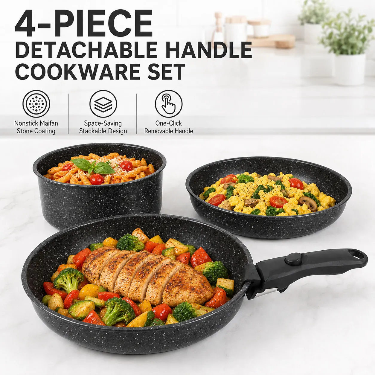 Uwhise 4PCS Nonstick Cookware Set Detachable Handle Stackable Pans Removable Handle Oven Safe Frying Pans Induction Pot Set