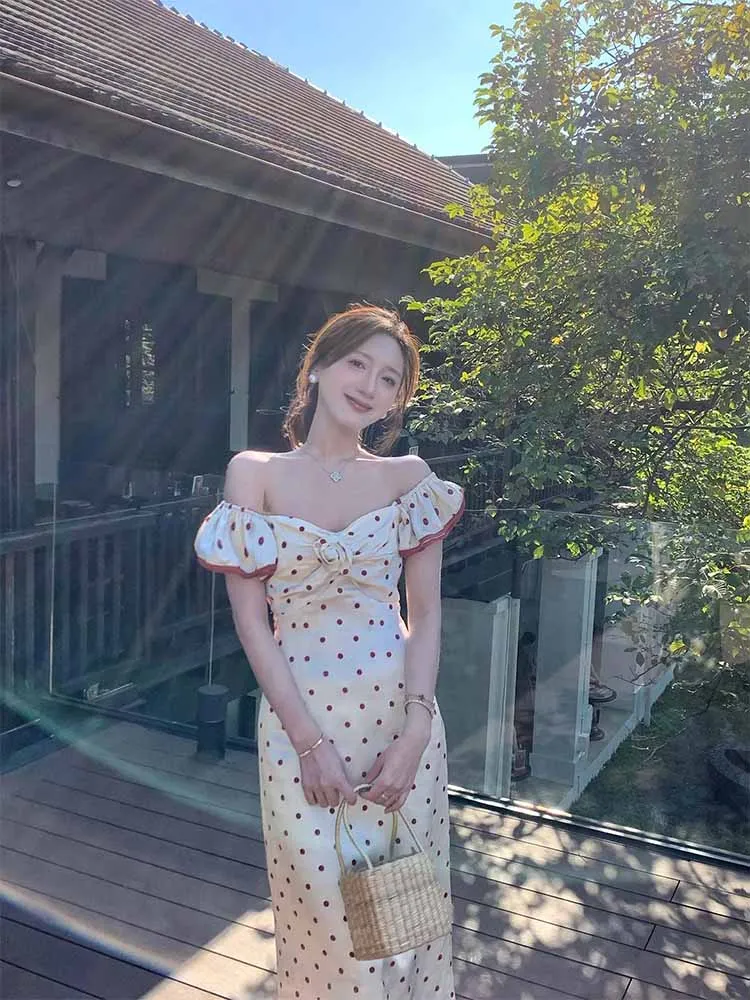 

Elegant Polka Dot One Shoulder Long Dress Women's Summer plus Size Beautiful Korean Style Commute Wind High Waist A-Line Skirt