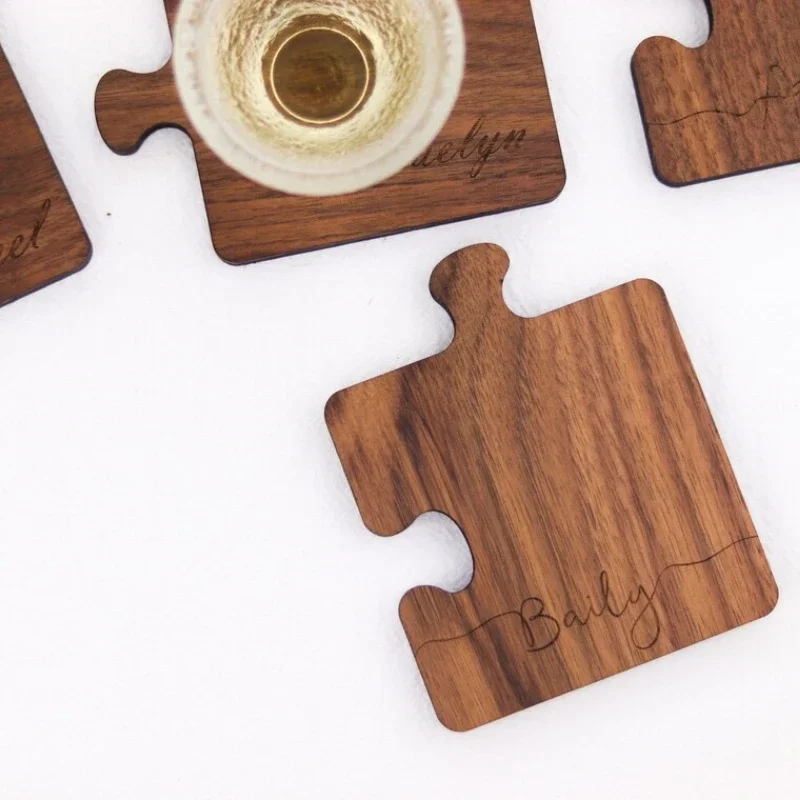 Free Logo Walnut Wood Puzzle Coaster Cup Pad Wooden Coaster Heat-resistant Desktop Protection Housewarming Gift Decoration 1pcs