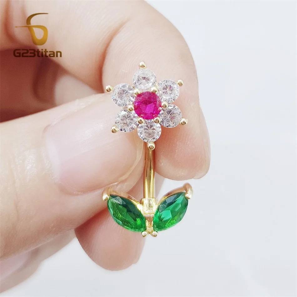 G23titan Zircon Flower Belly Button Ring Women Sexy Navel Piercing Jewelry Anti Allergic G23 Titanium Golden Accessories Ombligo
