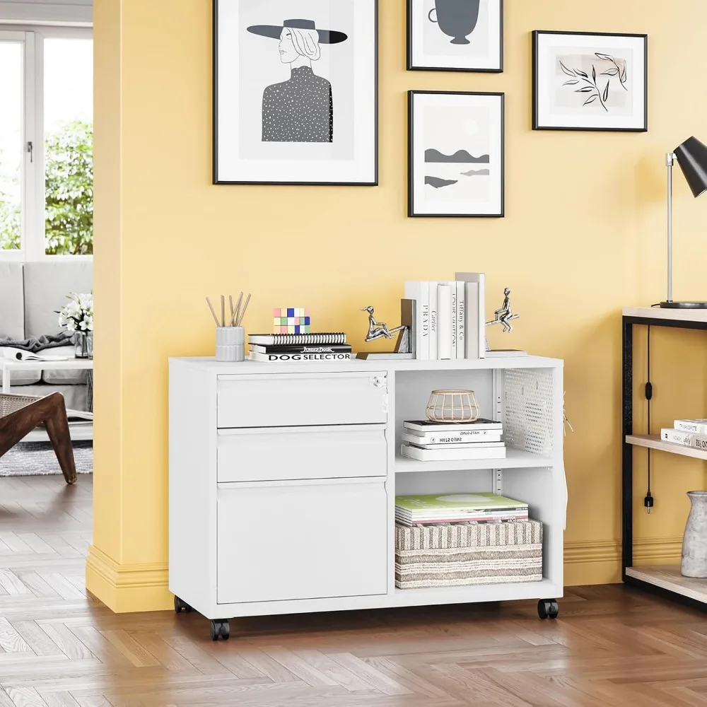خزانة ملفات معدنية آمنة ذات 3 أدراج على عجلات، نظام حفظ الملفات الجانبي مع قفل، خزانة تخزين مع أرفف للمنزل والمكتب Orga