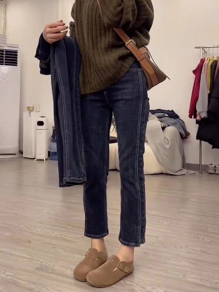 

Прямые джинсы с высокой талией для женщин, осенние новые облегающие модные повседневные простые универсальные брюки-трубы