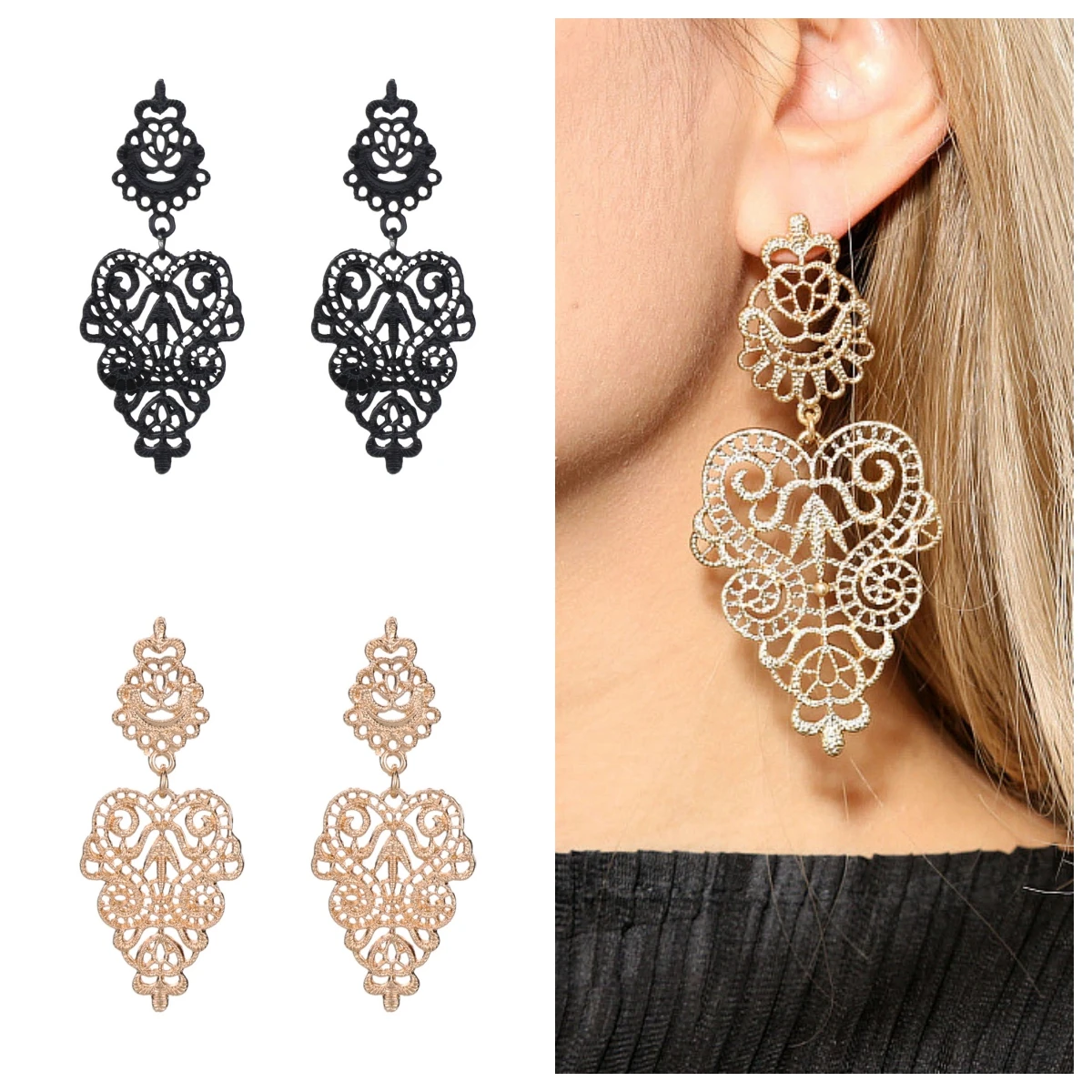 Retro European Hollow Out Carved Flower Drop Earrings for Women  Trendy Black Golden Wedding Party Metal Statement Jewelry