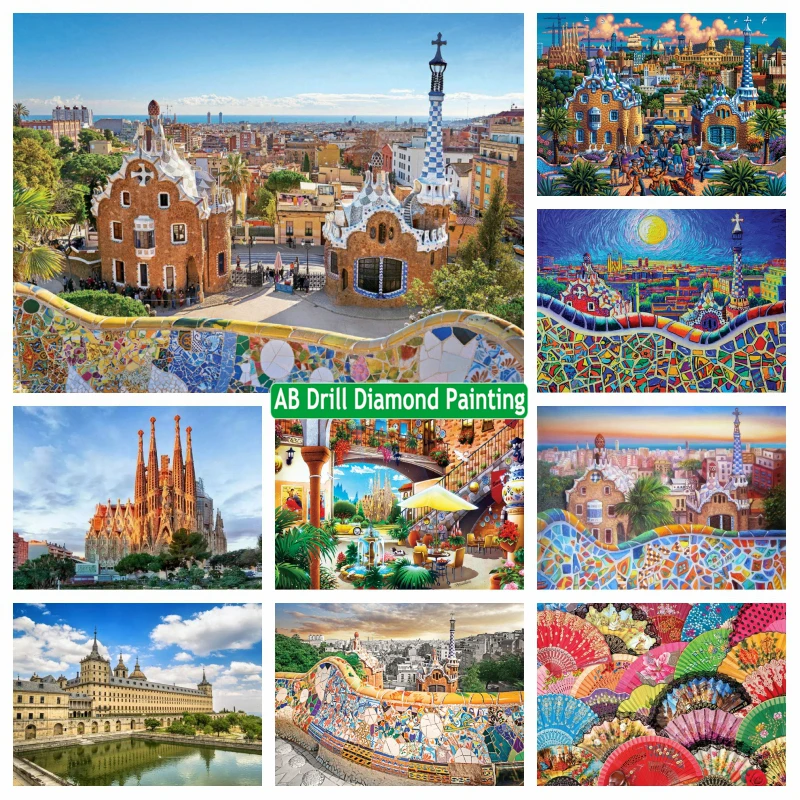 Sagrada Familia And Park Glue Barcelona Spain Landscape AB Diamond Painting Kits Toledo Cityscape Cross Stitch Wall Art Decor