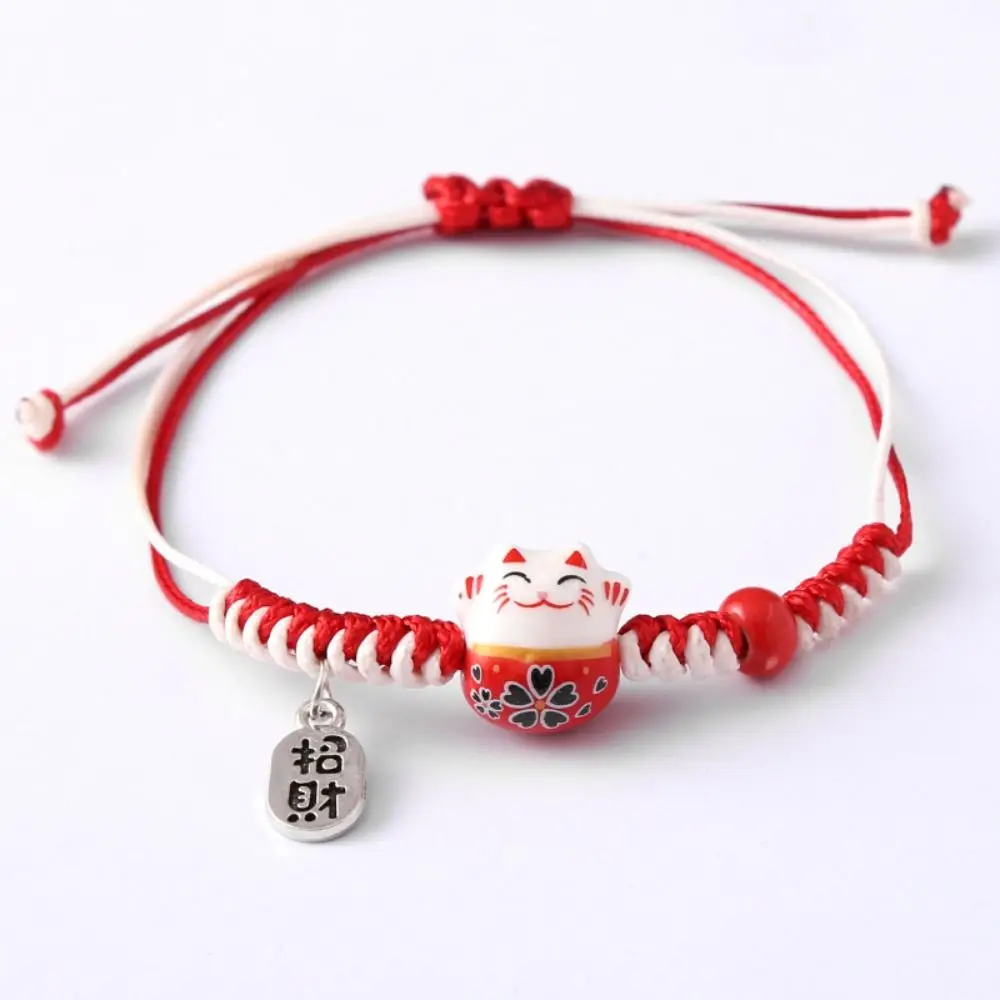 Ceramic Cat Pendant Maneki Neko Bracelet Hand Rope Handmade Red Braided Rope Wax Thread Jewelry Accessories Women Hand Ring