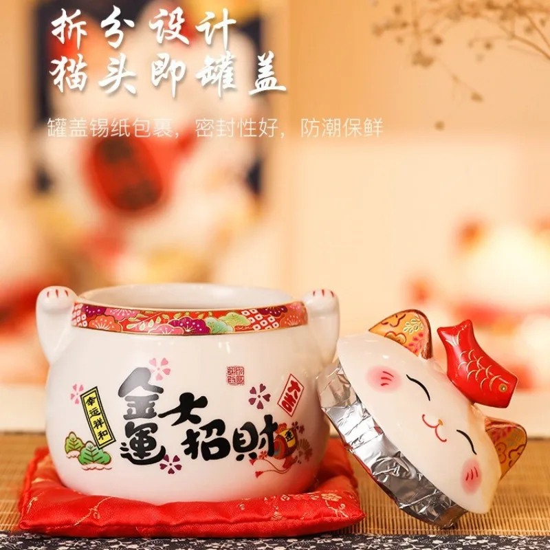 Japanese Lucky Cat Ceramic Airtight Jar Korean Cartoon Cat Storage Box Outdoor Home Portable Tea Canister Home Room Organizer 4