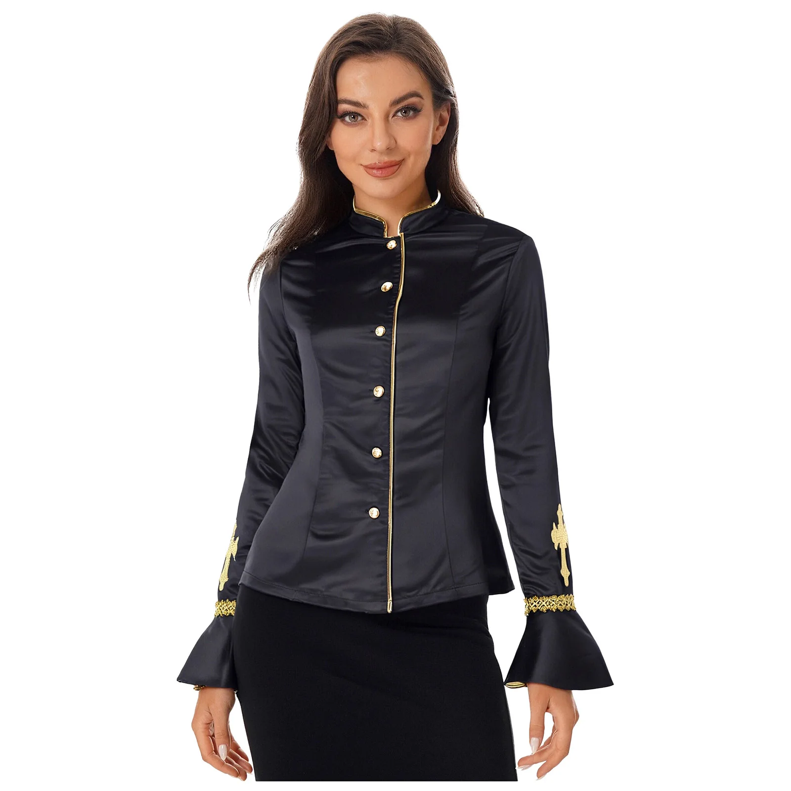 

Women Priest Clergy Embroidered Cross Jackets Shirts Satiny Worship Church Chorus Preacher Festivals Performance Cosplay Uniform