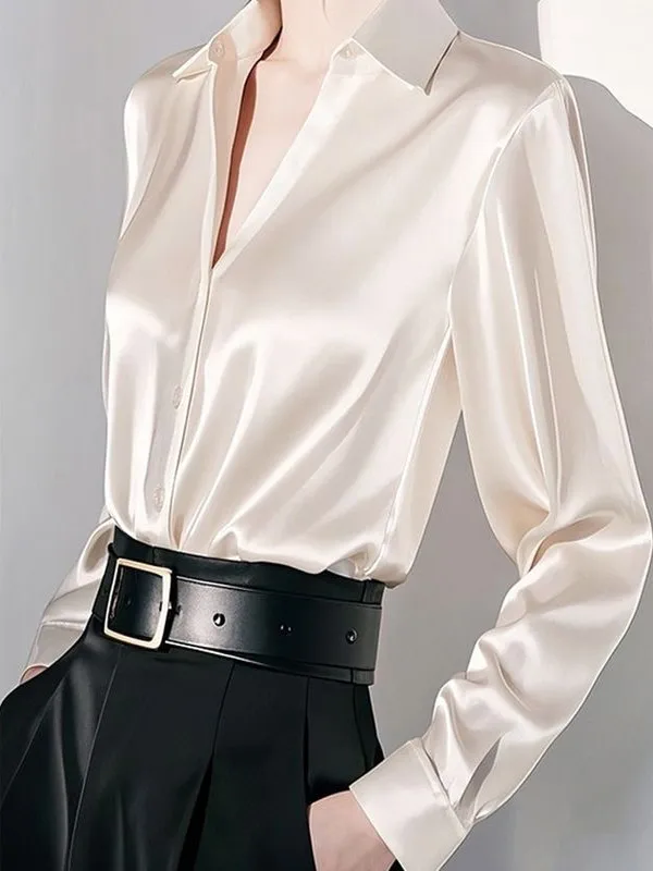 

Ele White Satin Long Sve irt Women's Faionable Chic Collared Spring New Sle High End Beautiful Small irt