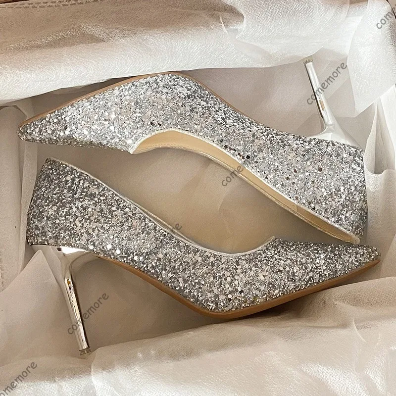 Zapatos de Tacón Alto con Punta en Pico y Brillantina Dorada/Plateada para Mujer, Zapatos de Tacón Alto con Lentejuelas Brillantes, Elegantes Zapatos de Novia para Vestido de Boda, Talla 34